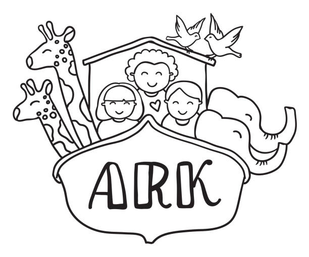 illustrazioni stock, clip art, cartoni animati e icone di tendenza di illustrazione vettoriale dell'arca di noè, in bianco e nero - ark cartoon noah animal