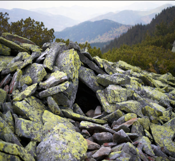 In the Ukrainian Carpathians, Ukraine, on the rocky backbone of Jawornik, the old military fortifications of the Austro-Hungarian and Russian front, built by soldiers from Alpine stones