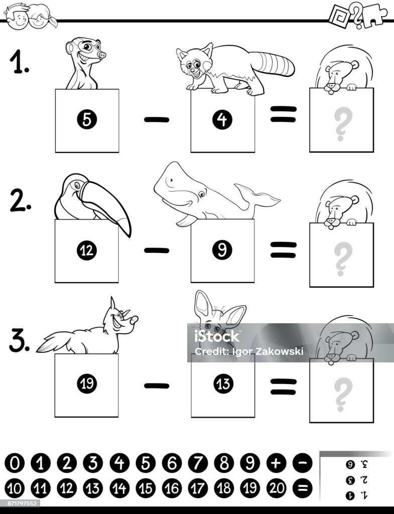 subtraction education game coloring book Black and White Cartoon Illustration of Educational Mathematical Subtraction Puzzle Game for Preschool and Elementary Age Children with Funny Animal Characters Coloring Book Black And White stock vector