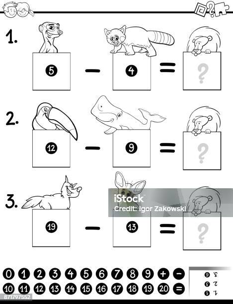 Subtraction Education Game Coloring Book Stock Illustration - Download Image Now - Black And White, Coloring, Number