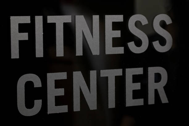 Wet gym room sign on exterior of modular, transportable, temporary building used in the mining and construction industries. Copy space