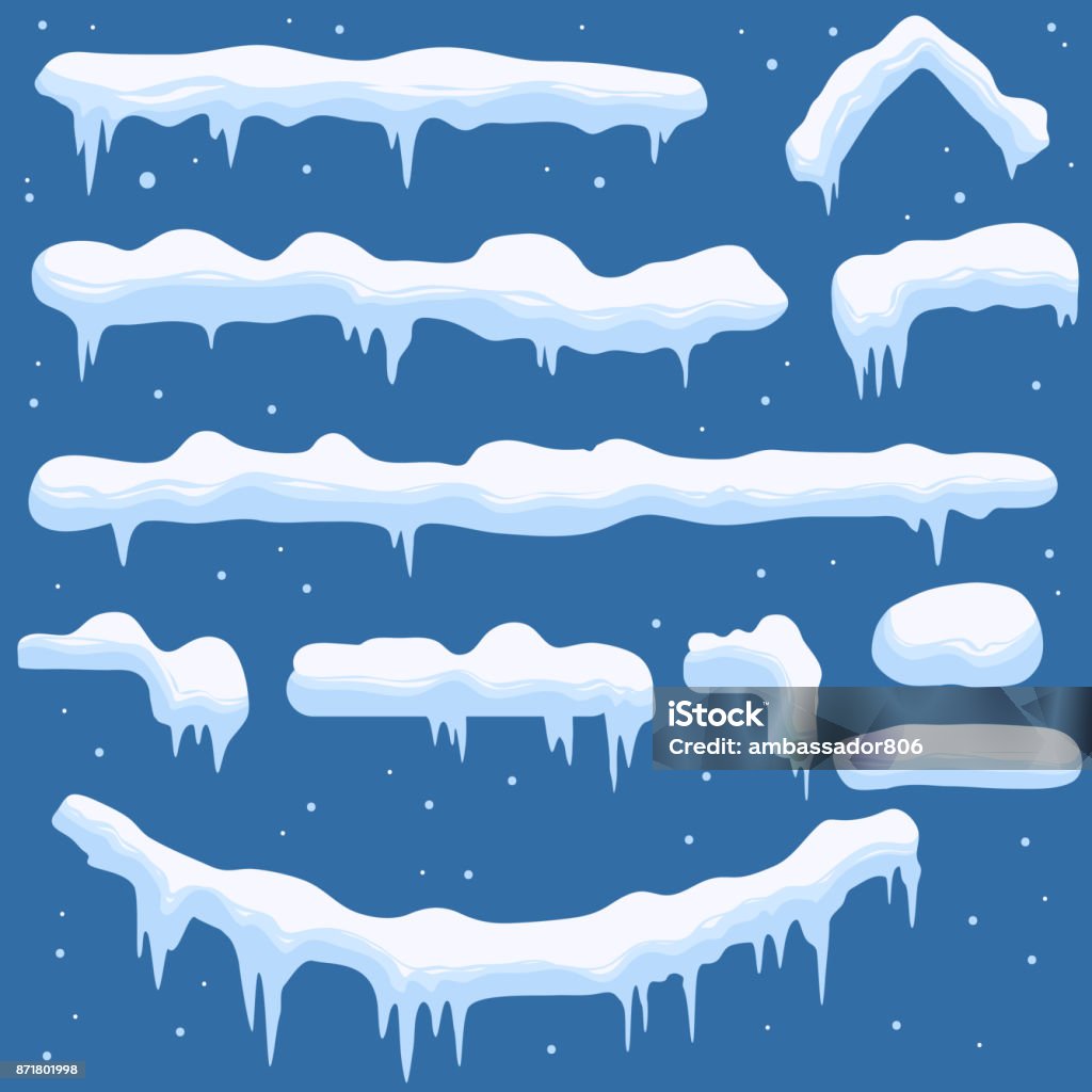 Snowdrifts, icicles, ice caps set, Snowcap and snowflakes. vector Snowdrifts, icicles, ice caps set, Snowcap and snowflakes - elements for winter decor. New year decoration. Vector Border - Frame stock vector