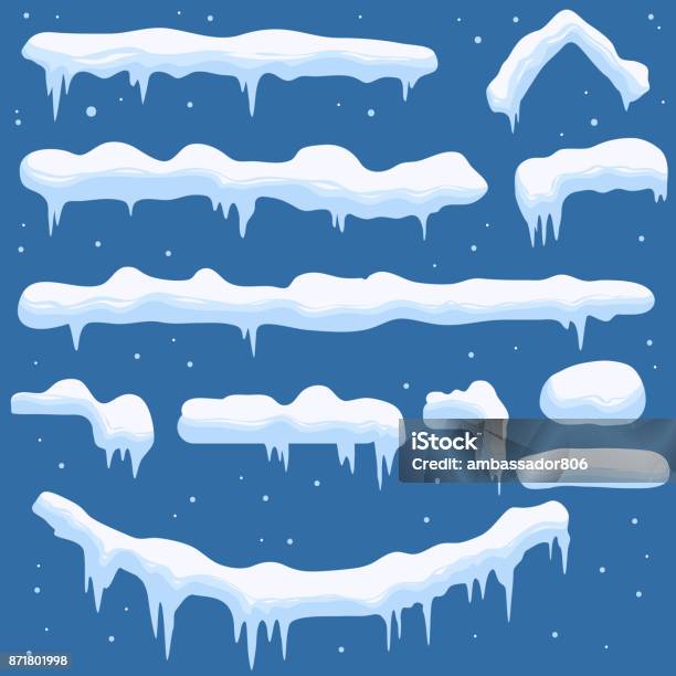 Snowdrifts Icicles Ice Caps Set Snowcap And Snowflakes Vector Stock Illustration - Download Image Now