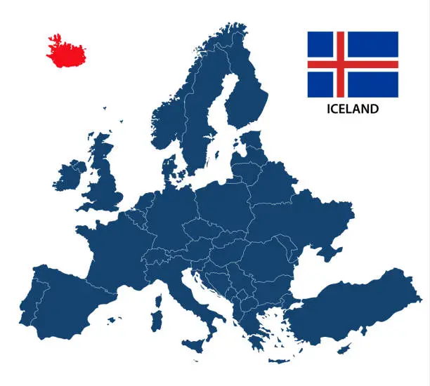 Vector illustration of Vector illustration of a map of Europe with highlighted Iceland and Icelandic flag isolated on a white background