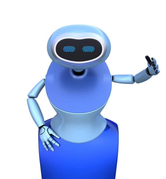 istock Front view of blue humanoid robot isolated on white background 871808386
