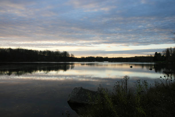 istock Beautiful forest lake sunrise in November. 871815796
