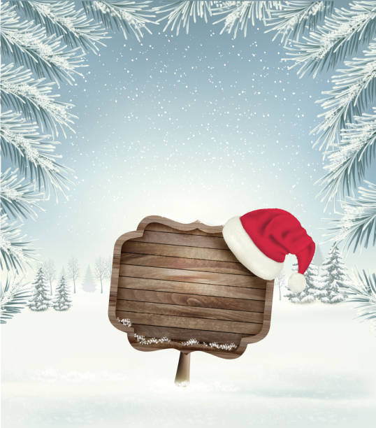 istock Christmas holiday background with wooden sign and Sana hat. Vector. 871816958