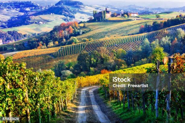 Vigneti E Del Piemonte Nei Colori Autunnali Nord Italia - Fotografie stock e altre immagini di Piemonte