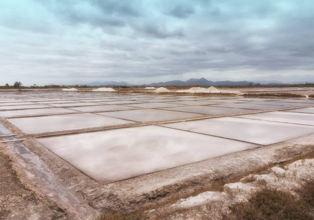 Reflection of the sky in salt ponds in Pomorie town. Bulgaria, Eastern Europe.