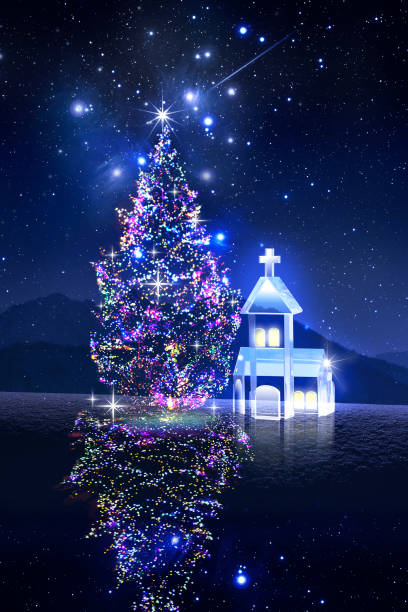 Photosynthesis of Christmas tree illumination, Crystal church, night sky,
