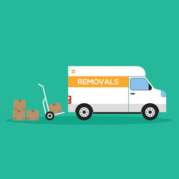 Home removal and transportation concept flat design Home removal and transportation concept flat design, vector illustration moving van stock illustrations