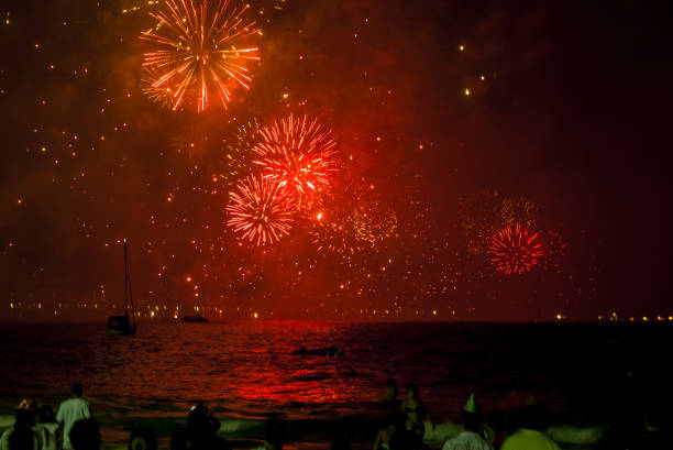 Fireworks on Copacabana Beach New year’s eve on Copacabana beach new year urban scene horizontal people stock pictures, royalty-free photos & images