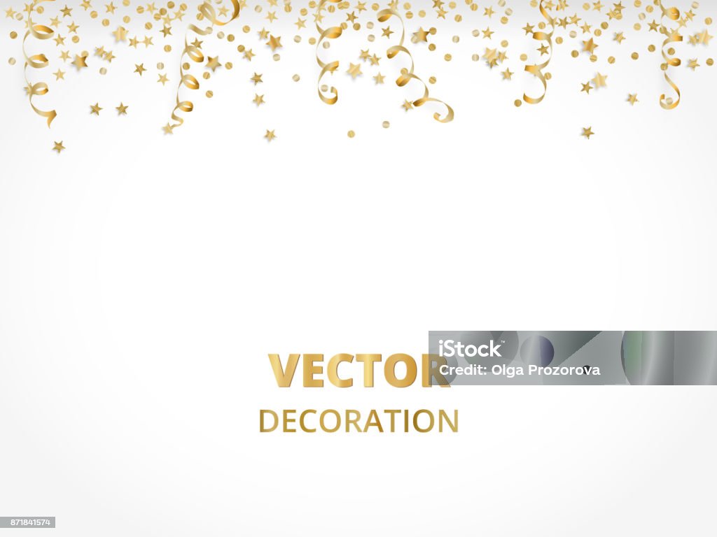 Holiday background. Isolated golden garland border, frame. Hanging baubles, streamers, falling confetti Holiday background. Isolated golden garland border, frame. Hanging baubles and streamers. Falling confetti. For Christmas, New year cards, birthday and wedding invitations, banners, party posters. New Year stock vector