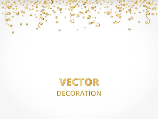 Holiday background. Isolated golden garland border, frame. Hanging baubles, streamers, falling confetti Holiday background. Isolated golden garland border, frame. Hanging baubles and streamers. Falling confetti. For Christmas, New year cards, birthday and wedding invitations, banners, party posters. greeting card white decoration glitter stock illustrations