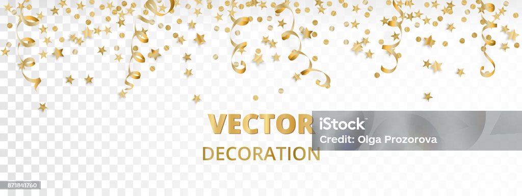 Holiday background. Isolated golden garland border, frame. Hanging baubles, streamers, falling confetti Holiday background. Isolated golden garland border, frame. Hanging baubles and streamers. Falling confetti. For Christmas, New year cards, birthday and wedding invitations, banners, party posters. New Year stock vector