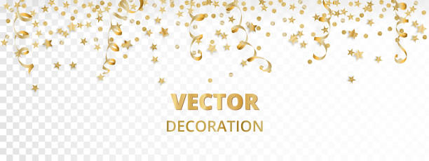 Holiday background. Isolated golden garland border, frame. Hanging baubles, streamers, falling confetti Holiday background. Isolated golden garland border, frame. Hanging baubles and streamers. Falling confetti. For Christmas, New year cards, birthday and wedding invitations, banners, party posters. streamer stock illustrations