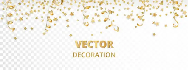 Vector illustration of Holiday background. Isolated golden garland border, frame. Hanging baubles, streamers, falling confetti