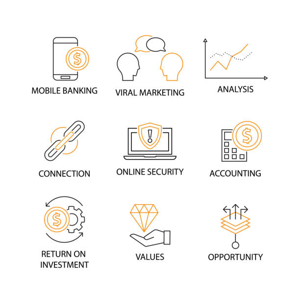 Modern Flat thin line Icon Set in Concept of Digital Marketing with word Mobile Banking,Viral Marketing,Analysis,Connection,Online Security,Accounting,Return on Investment,Values,Oppotunity Modern Flat thin line Icon Set in Concept of Digital Marketing with word Mobile Banking,Viral Marketing,Analysis,Connection,Online Security,Accounting,Return on Investment,Values,Oppotunity. Editable Stroke. charter document stock illustrations