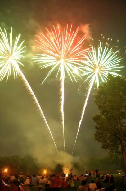 Photo of Three large colorful firework displays shoot off from the ground as a field full of spectators watch