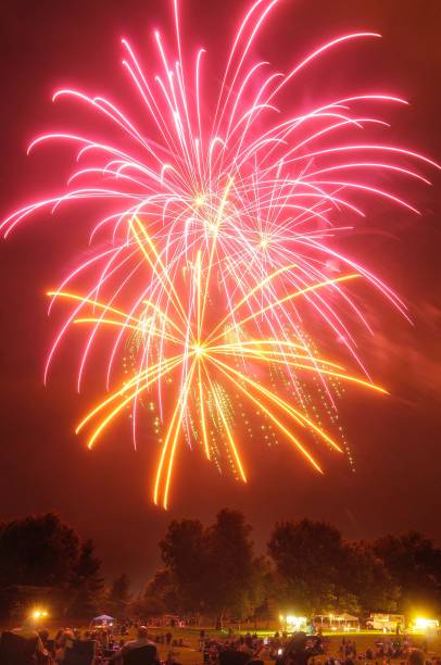 istock A brightly colored fireworks display light up the night sky as a crowd watches from a field nearby. 871854044