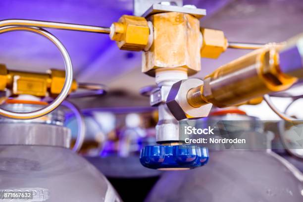 Connecting Pipelines Of The Gas System For Nitrogen Cylinders Stock Photo - Download Image Now