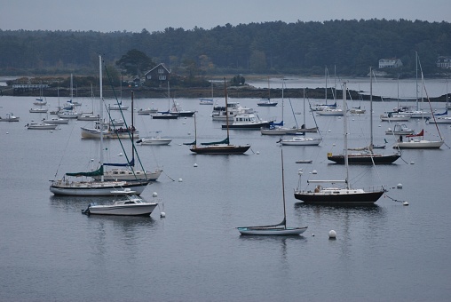 Sailboats weighted down in water Bar harbor, Maine