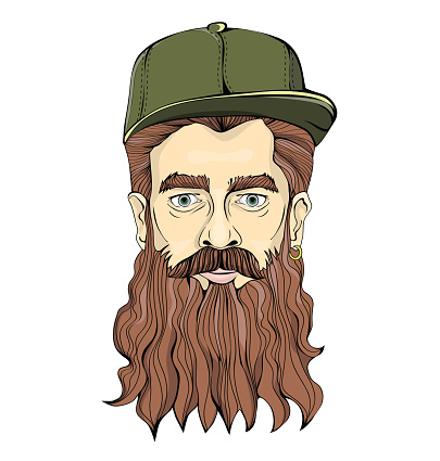 Hipster-looking man with a beard wearing green cap on a white background. Head graphic image. Isolated vector illustration.