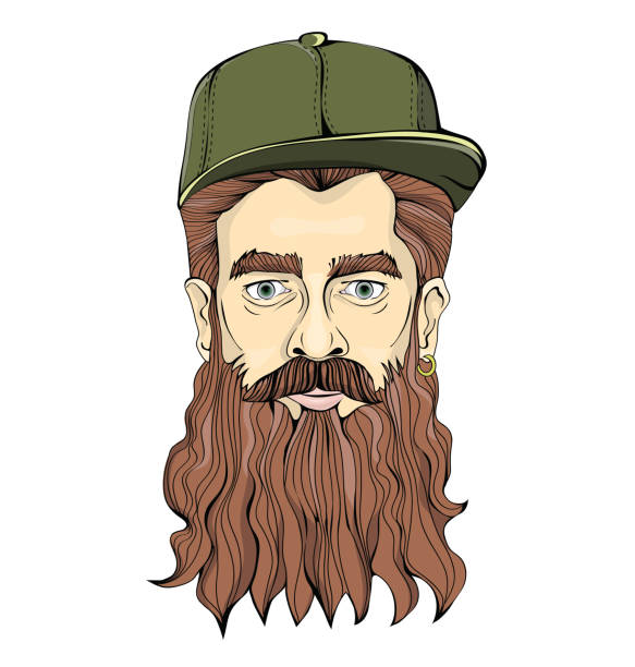 Hipster-looking man with long beard and golden earring wearing green cap on a white background. Head graphic image. Isolated vector illustration. Hipster-looking man with a beard wearing green cap on a white background. Head graphic image. Isolated vector illustration. long beard stock illustrations