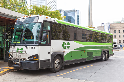 Toronto, Canada - Oct 11, 2017: GO Transit bus at the Union Station coach terminal  in Toronto, Canada