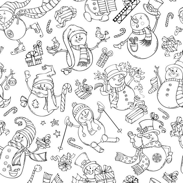 Vector seamless pattern of doodles snowmen. Black outlined snowmen on white background. Snowmen are singing, skating, skiing. Candy canes, gift boxes, Christmas baubles, birds, garland, stars. coloring book page illlustration technique illustrations stock illustrations