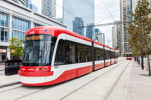 Toronto, Canada - Oct 11, 2017: Modern streetcar at the Harbourfront in the city of Toronto. Province of Ontario, Canada