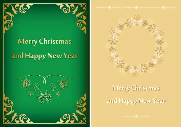 Vector illustration of green and beige greeting cards for christmas - vector postcards