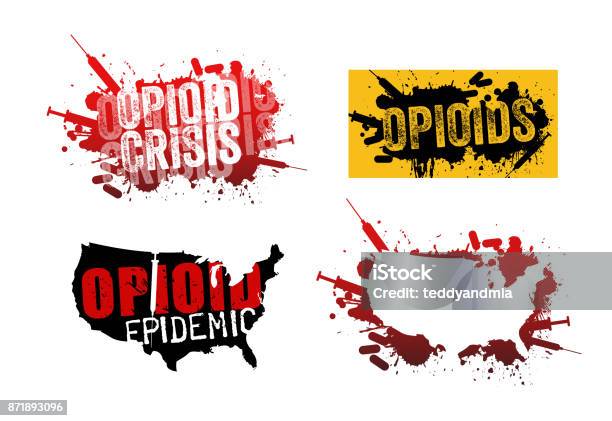 Set Of Grunge Designs With Text About The Opioid Crisis Or Epidemic In The United States Stock Illustration - Download Image Now