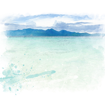 Clear blue sea with mountain and blue sky with cloud. Watercolor painting (retouch).