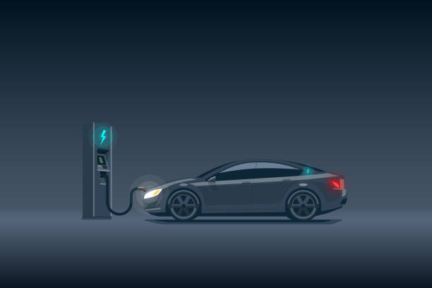 Modern Luxury Electric Car Charging at the Charging Station Flat vector illustration of a luxury black electric car charging at the charger station. Electromobility e-motion concept. Electromobility eco future transportation e-motion concept. electric plug dark stock illustrations