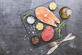 Raw tuna and salmon steak