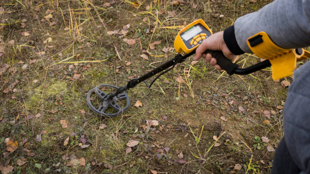 istock a man with a metal detector is looking for a treasure 871900100