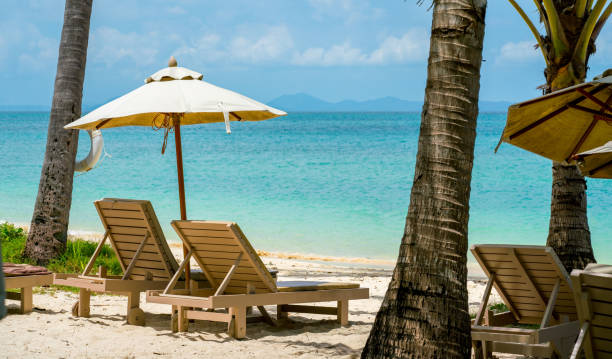 istock comfortable chair on the beach, modern umbrella, clear sky and sea, copy space. 871901478