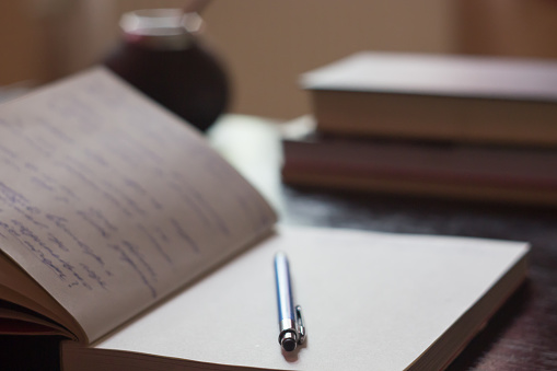 Open Notepad with handwritten notes with blue pen, books in the background