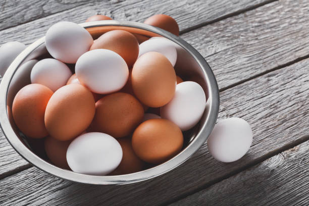 istock Fresh brown eggs in bowl on wood background 871908950