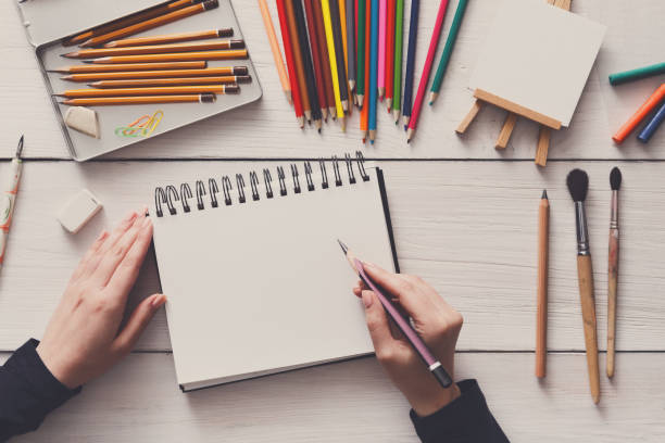 istock Workplace of artist, flat lay, top view, desktop 871919434