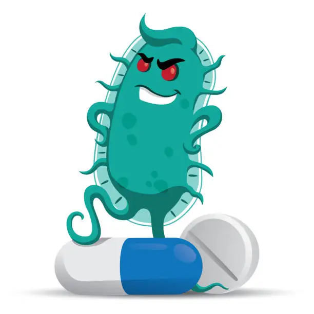 Vector illustration of Concept of resistance to antibiotics. Creature superbug a microorganism stepping on medicines and antibiotics with air of superiority. Ideal for informational and medicinal materials on ineffective antibacterial therapy