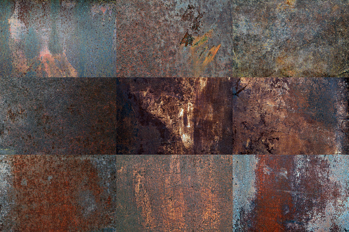 Set of grungy and rusty metal wall backgrounds with heavy corrosion.