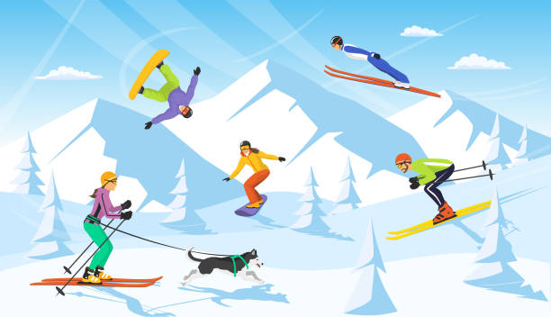 ilustrações de stock, clip art, desenhos animados e ícones de winter vacaction ski resort scene. man and woman cross country skiing, jumping, snowboarding - snowboarding snowboard skiing ski
