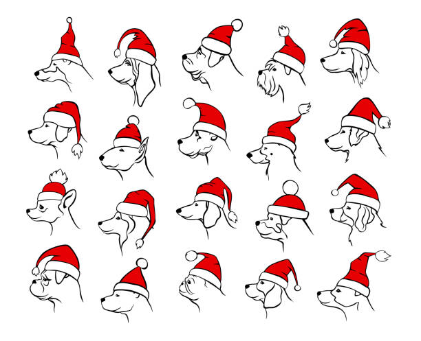 glückliches neues jahr 2018 skizziert silhouetten verschiedener hunde köpfe profile xmas gesichter porträts in schwarzer farbe tragen farbige in rote und weiße weihnachten weihnachtsmann-mützen - white background side view dog boxer stock-grafiken, -clipart, -cartoons und -symbole