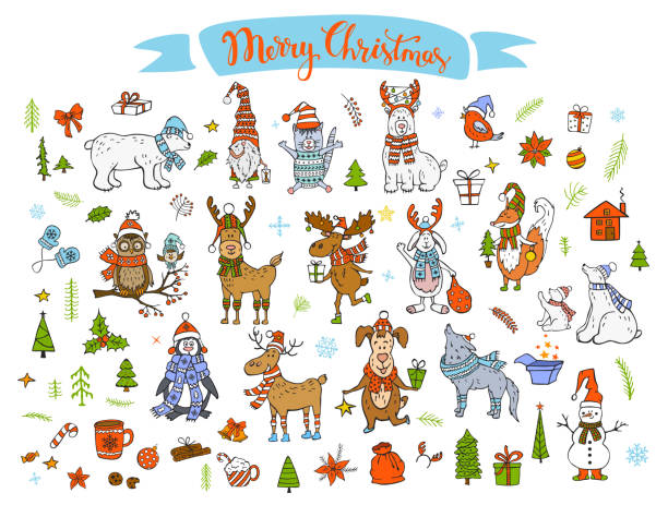Merry Christmas Happy New Year Winter Cartoon Cute Funny Animals In Santa Hats Scarfs With Presents Collection Polar Bears Reindeer Deer Fox Cat Dog Wolf Rabbit Penguin Owl Birds Gnome Snowman And Merry Christmas Happy New Year Winter Cartoon Cute Funny Animals In Santa Hats Scarfs With Presents Collection Polar Bears Reindeer Deer Fox Cat Dog Wolf Rabbit Penguin Owl Birds Gnome Snowman And