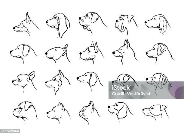 Collection Of Dogs Heads Profile Side View Portraits Silhouettes In Black Color Stock Illustration - Download Image Now