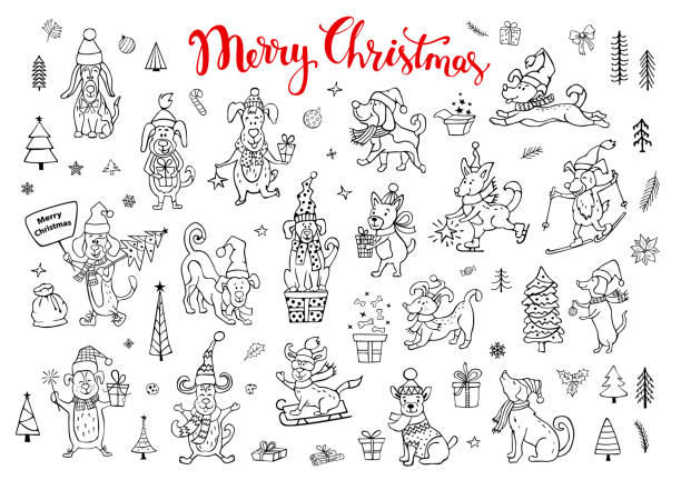 collection of cute funny christmas and happy new year 2018 greeting congratulating sketch style doodle dogs in black color collection of cute funny christmas and happy new year 2018 greeting congratulating sketch style doodle dogs in black color wearing winter santa claus hats scarfs.pets sledding skiing jumping running having fun enjoying holidays celebrating and giving recieving presents cartoon basset hound walking stock illustrations