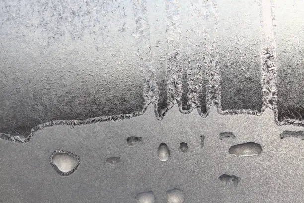 Close-up texture with frozen water drops on winter glass