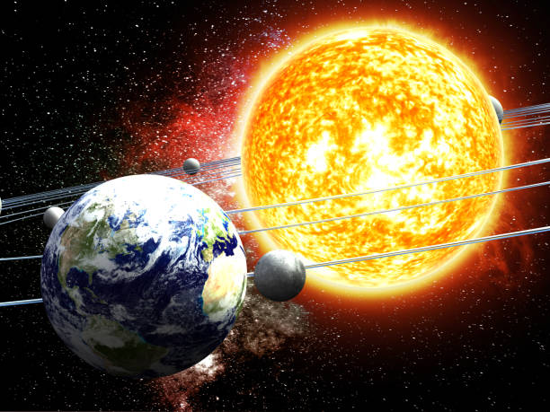 luna e terra in orbita attorno al sole - satellite view earth globe sunrise foto e immagini stock